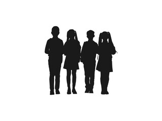 children standing school uniform silhouettes. The students are standing.Teenagers with backpacks rush to school. school vector Illustration. back to school. black color isolated on white background.