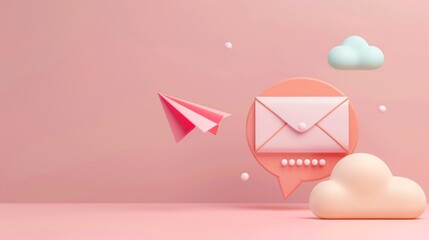 Template to sign up for a newsletter with a cartoon paper airplane. Email business marketing concept. Registration form. Web button mockup. 3D rendering. - obrazy, fototapety, plakaty