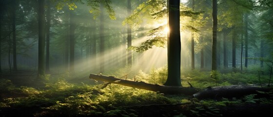 Fototapeta na wymiar Beautiful forest, forest in evening light with fog in summer, the sun shines brightly through the tree, Natural Sunlight, And Sun Rays Through Wood 