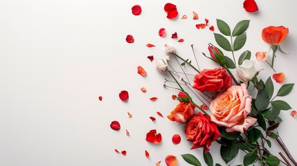 An attractive flower bouquet with a white background for Valentine's Day. Top view, flatlay