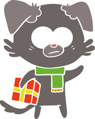 nervous dog flat color style cartoon with gift