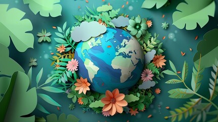 happy earth day, in the style of detailed backgrounds paper cut-outs.