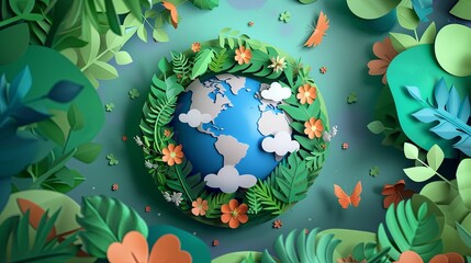 happy earth day, in the style of detailed backgrounds paper cut-outs.