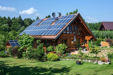 A house with solar panels on the roof surrounded by the environment.