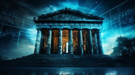 Blockchain encryption codes hidden within an ancient Greek temple glowing in neon