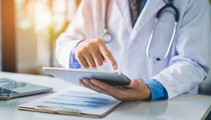 doctor in white coat, focused, pointing on tablet screen with finger, symbolizing modern healthcare and technology