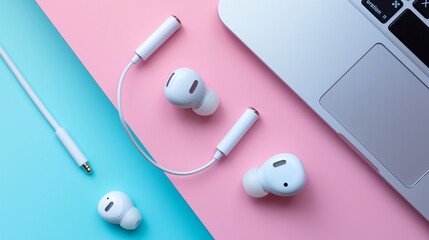 Minimalistic top view of a laptop and earphones on a pastel-colored table, creating a serene and stylish atmosphere.