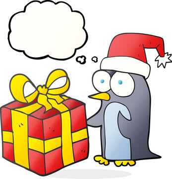thought bubble cartoon christmas penguin with present