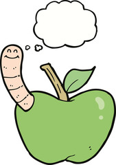 cartoon apple with worm with thought bubble