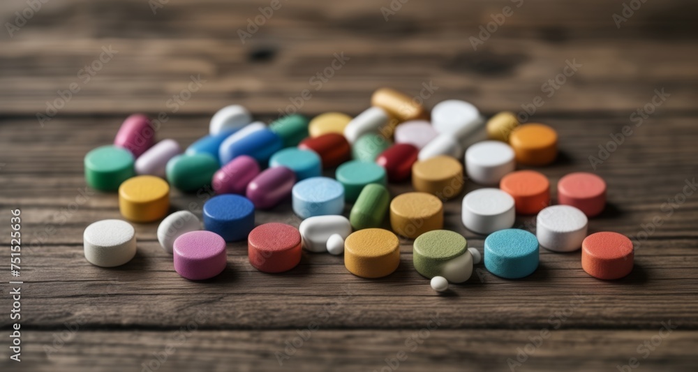 Poster  Colorful pill capsules on wooden surface