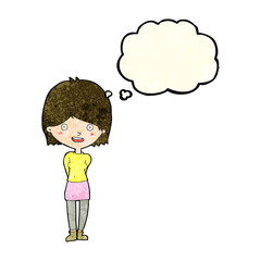 cartoon friendly woman with thought bubble