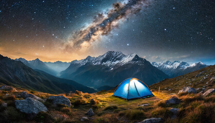 Camping beneath starlit skies, distant blue tent amidst dark mountain landscape - obrazy, fototapety, plakaty