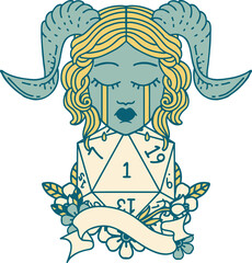 crying tiefling with natural one D20 roll illustration
