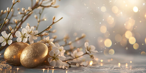 gold easter beautiful wedding background with flowers merry easter with golden eggs and gold color other decoration with branch of flowers - obrazy, fototapety, plakaty