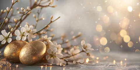 Fotobehang gold easter beautiful wedding background with flowers merry easter with golden eggs and gold color other decoration with branch of flowers © Muhammad
