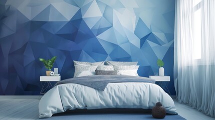 Minimalistic triangles in shades of blue creating a contemporary bedroom feature