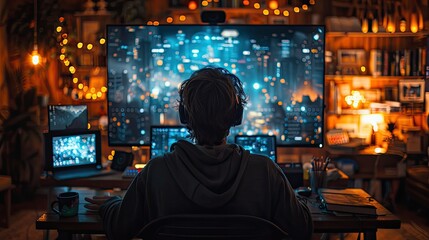 Obraz premium anonymous person watching several computer monitors