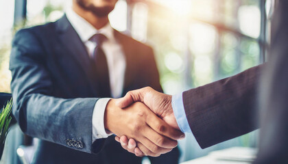 Blurry background with businessmen's handshake, symbolizing trust and collaboration in a business partnership meeting - obrazy, fototapety, plakaty