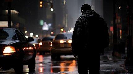 Solitary figure contemplating the citys nightscape amidst gleaming rain-slicked streets. A lone person stands in the shadows, gazing down a bustling urban avenue 