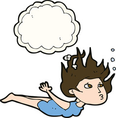 cartoon woman swimming underwater with thought bubble
