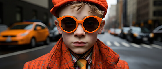 Young fashion enthusiast sports striking orange ensemble in bustling cityscape. A stylish boy stands out against the urban blur of city taxis - obrazy, fototapety, plakaty