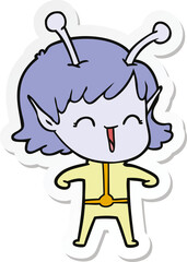 sticker of a cartoon alien girl laughing