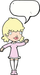 cartoon woman waving with speech bubble