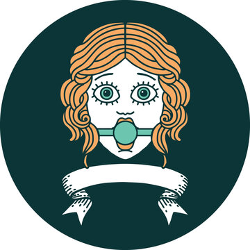 icon with banner of female face with ball gag