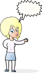 cartoon woman making welcome gesture with speech bubble