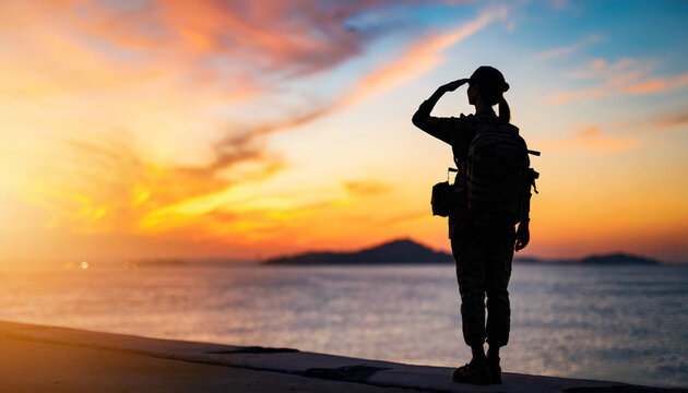 Soldier silhouette saluting against sunset sky. Symbolizes patriotism, honor, sacrifice. Ideal for army, military concepts. Caption space included