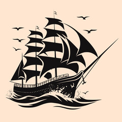 Black and White Ship Outline Silhouette Ornament Vector Art for Logo and Icon, Sketch, Tattoo, Clip Art