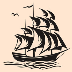 Black and White Ship Outline Silhouette Ornament Vector Art for Logo and Icon, Sketch, Tattoo, Clip Art
