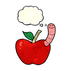 cartoon apple with worm with thought bubble