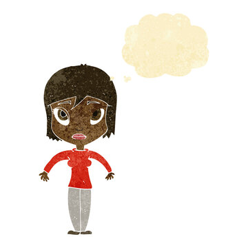 recommend clip art: cartoon woman shrugging shoulders with thought bubble