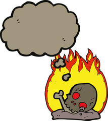 cartoon burning old bones with thought bubble