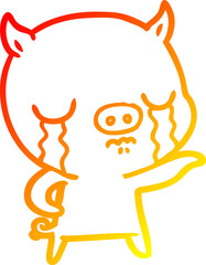 warm gradient line drawing cartoon pig crying pointing