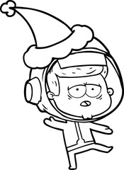 line drawing of a tired astronaut wearing santa hat