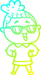 cold gradient line drawing cartoon happy woman wearing spectacles