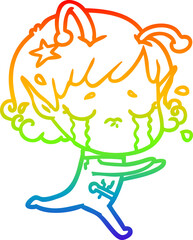 rainbow gradient line drawing cartoon crying alien girl