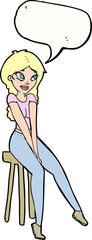 cartoon pretty girl on stool with speech bubble