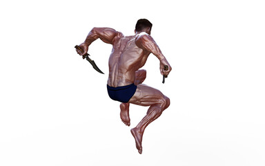 3d Illustration of Shirtless guy in blue panties showing his muscular body and hold twin dagger. Bodybuilder man.