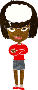 cartoon woman with folded arms imagining