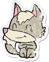 distressed sticker of a friendly cartoon wolf