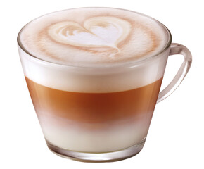 xícara de vidro com cappuccino cremoso isolado em fundo transparente - café com leite