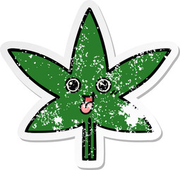 distressed sticker of a cute cartoon marijuana leaf