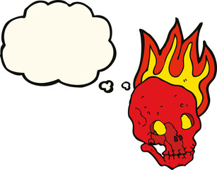 cartoon flaming skull with thought bubble