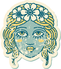 distressed sticker tattoo style icon of female face with crown of flowers