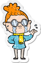distressed sticker of a cartoon crying woman wearing spectacles