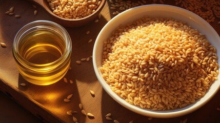 Sesame oil. Sesame seeds in a bowl on a table in warm sunny lighting. Sesame oil for cooking. Amino acids,
vitamins A, E, D, B1, B2, B3, C;
fatty acids Omega 6, Omega 9;
calcium, iron, copper and zinc