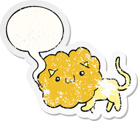 cute cartoon lion and speech bubble distressed sticker